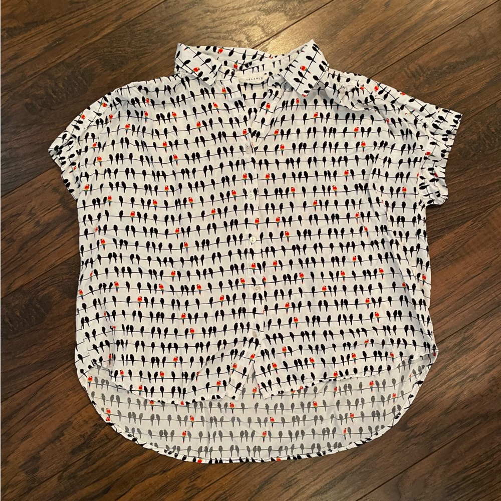 White Short-Sleeve Blouse with Black & Red Bird Pattern